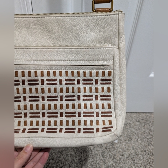 Fossil Corey Cream, Tan & Brown Cross Stitch Large Crossbody Bag - Picture 3 of 13